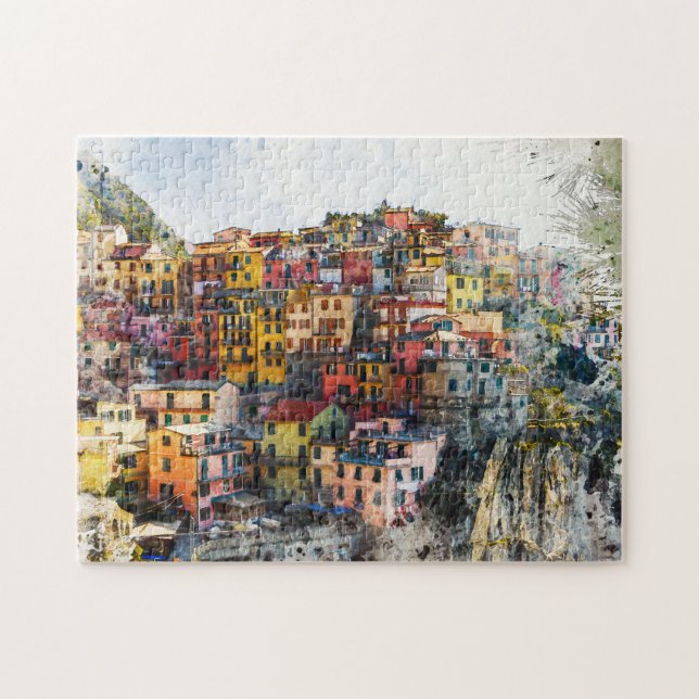 Cinque Terre Liguria Italy scene summer watercolor Jigsaw Puzzle (Horizontal)