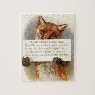 Circa 1900: A fox holds a Christmas verse Jigsaw Puzzle