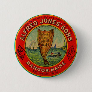 circa 1900 Alfred Jones Sons Finnan Haddie label 6 Cm Round Badge