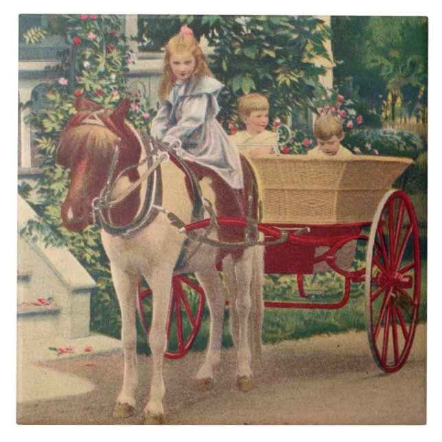 circa 1910 children and horse-drawn cart tile (Front)