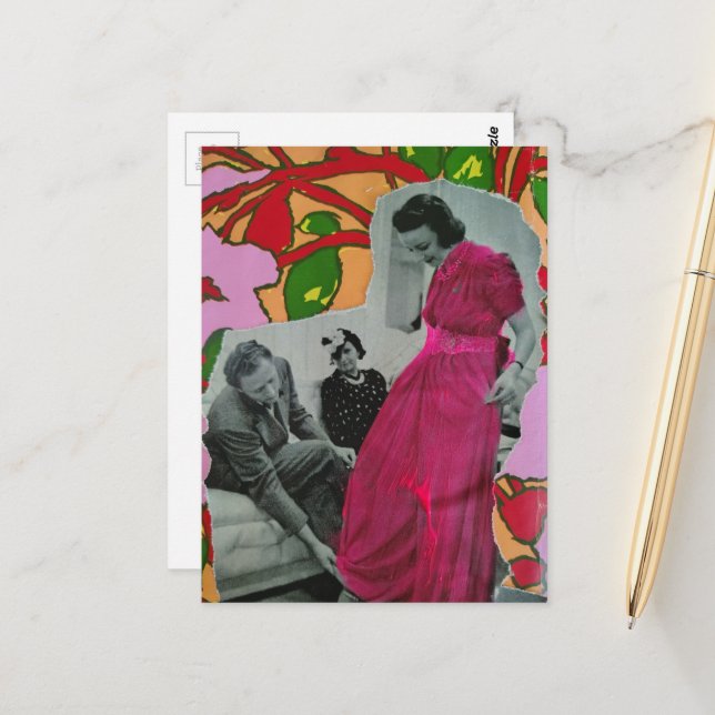 circa 1939 Pajama Model Lady Mixed Media Collage Postcard (Front/Back In Situ)