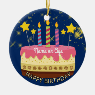 CIRCLE BIRTHDAY Cake with Stars & Sparklers Ceramic Tree Decoration