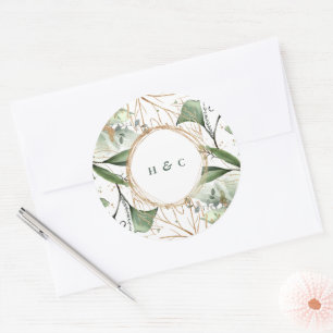 Circle Botanical Eucalyptus Green Emerald Monogram Classic Round Sticker