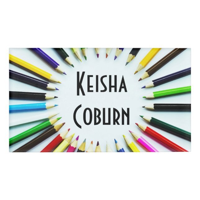 Circle colourful pencils / crayons + your ideas name tag (Front)