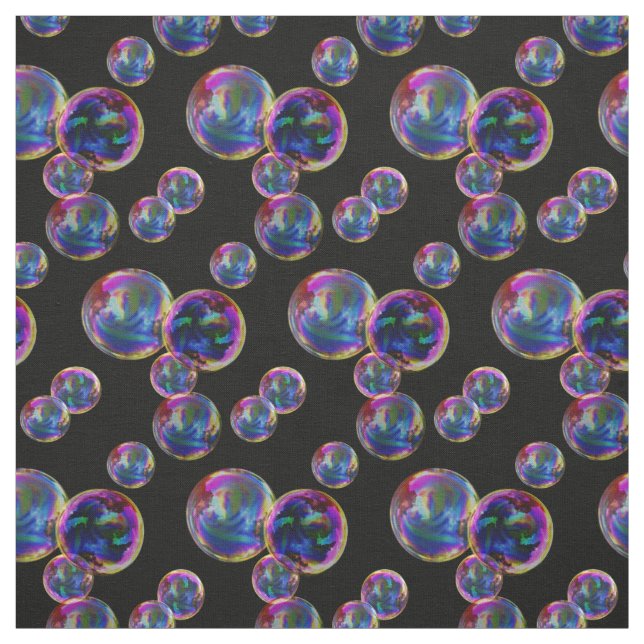 Circle, colourful, rainbow bubbles, dots on black fabric (Swatch)