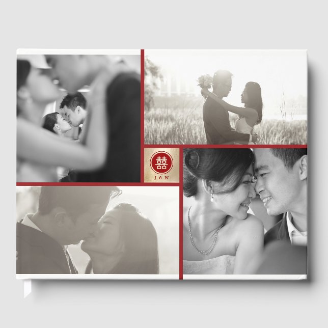 Circle Double Happiness 4 Photo Chinese Wedding Guest Book (Front)