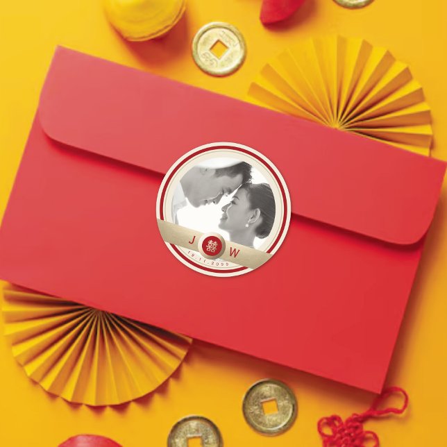 Circle Double Happiness Chic Chinese Wedding Photo Classic Round Sticker (Red/Gold Double Happiness Modern Chinese Wedding Photo Classic Round Sticker @ fatfatin_red_knot)