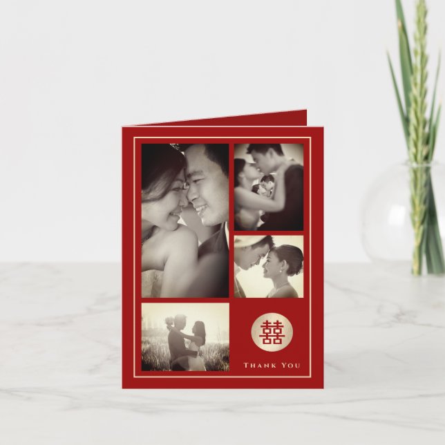 Circle Double Happiness Chinese Wedding 4 Photo Thank You Card (Front)