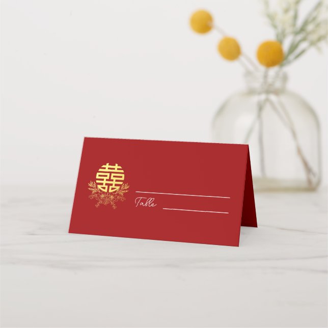 Circle double happiness flower chinese wedding place card (Front)