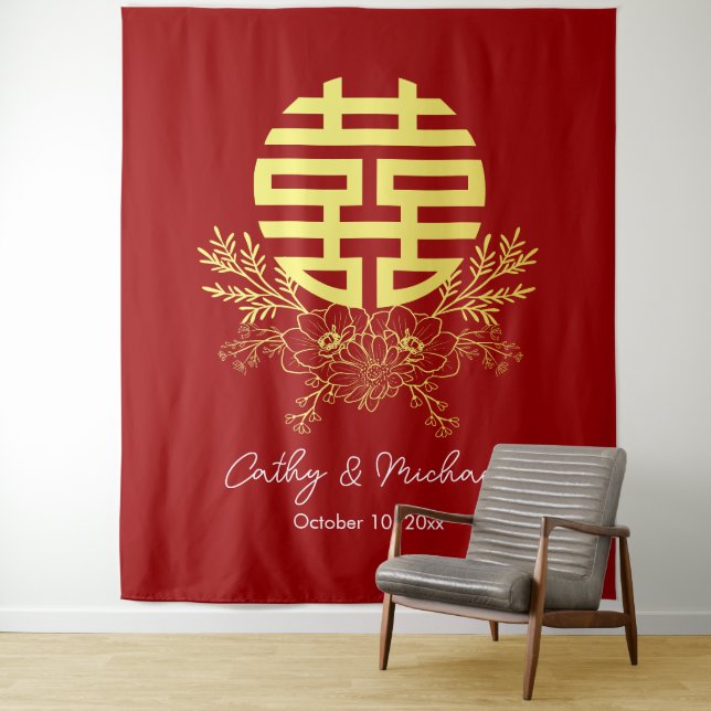 Circle double happiness flower wedding backdrop tapestry (In Situ)