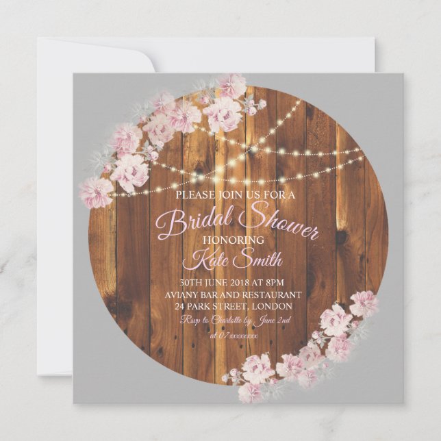 Circle Floral Light String Wood Bridal Shower Card (Front)