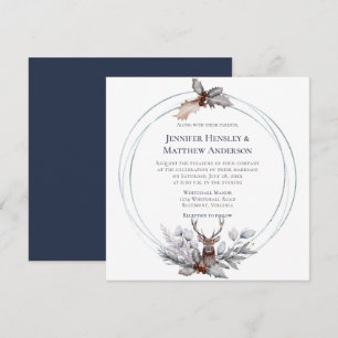 Circle Frame Deer Antlers Holly Berry Wedding Invitation