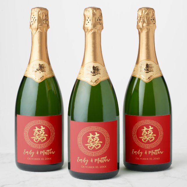 Circle frame double happiness Chinese wedding Sparkling Wine Label (Bottles)