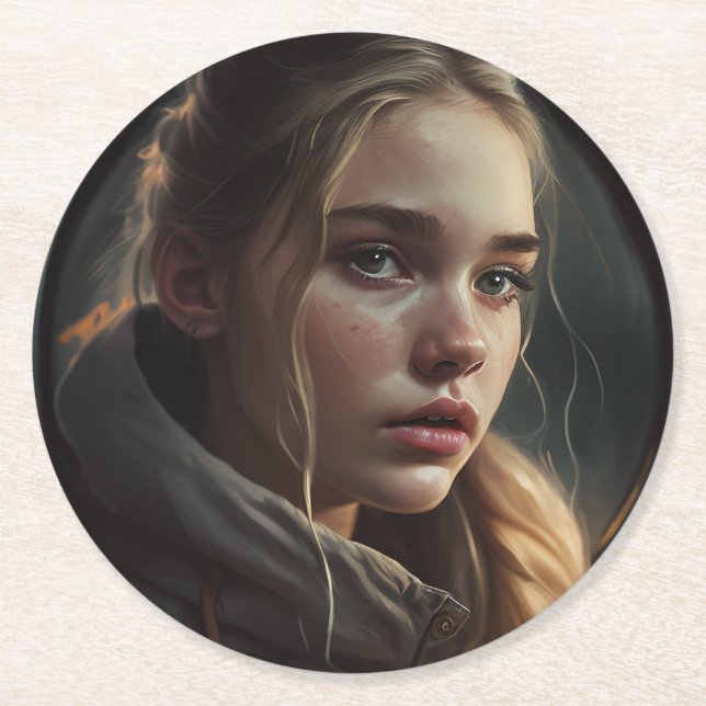 Circle girl round paper coaster (Front)