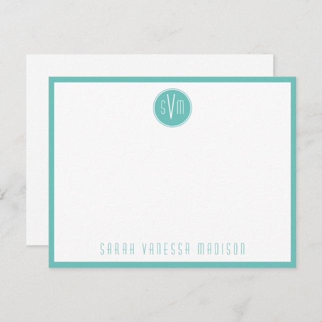 Circle Light Teal Monogram Name Note Card (Front/Back)