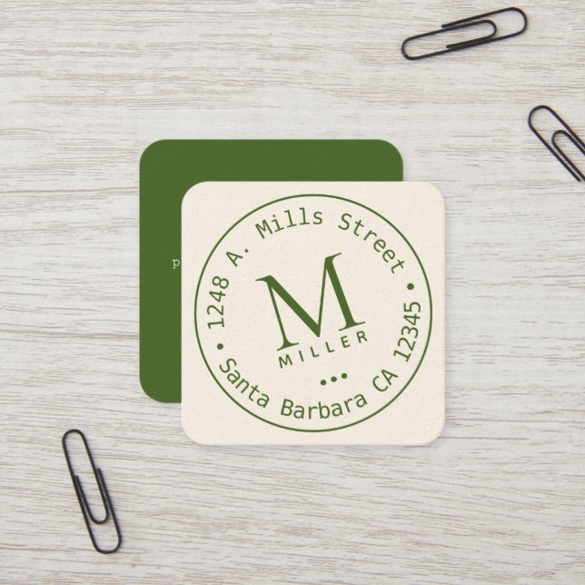Circle Monogram green rounded border Square Business Card (Front/Back In Situ)