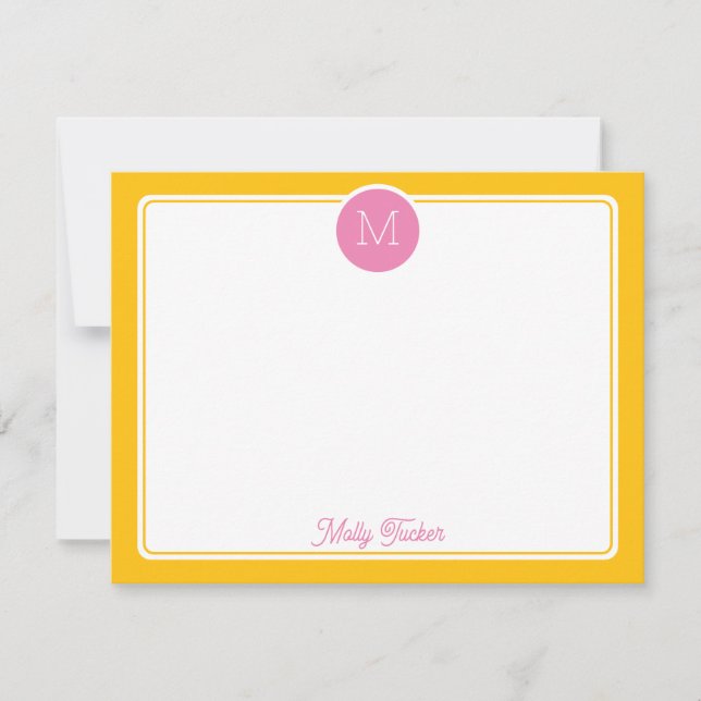 Circle Monogram Initial Preppy Pink & Yellow Card (Front)