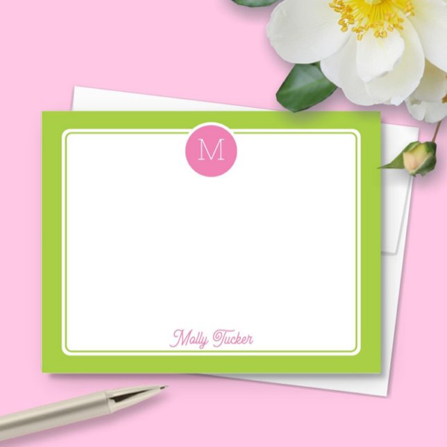 Circle Monogram Preppy Pink & Lime Green Card (Creator Uploaded)
