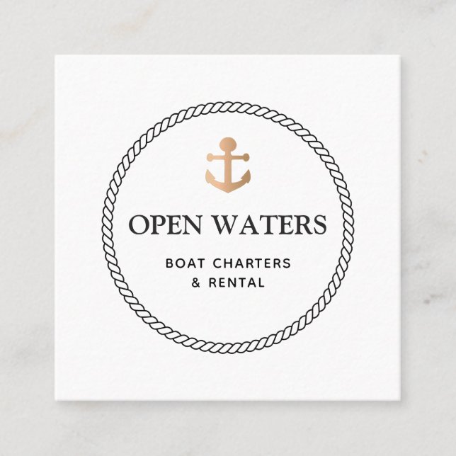Circle Nautical Rope Gold Boat Anchor Marina Square Business Card (Front)