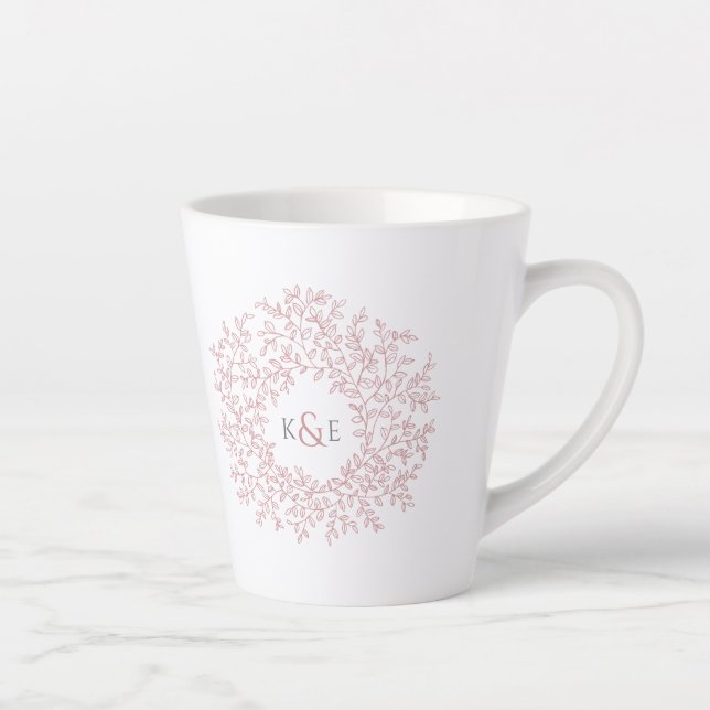 Circle of dusty pink leaves wedding gift monogram latte mug (Right)