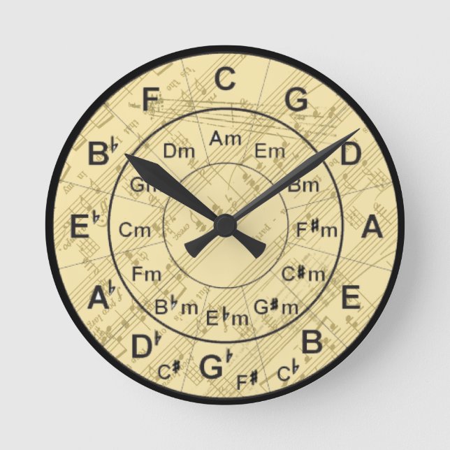 Circle of Fifths Vintage Gold Music Round Clock (Front)