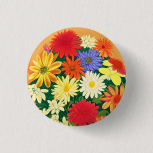Circle of Flowers, Coloured Daisies and Asters 3 Cm Round Badge