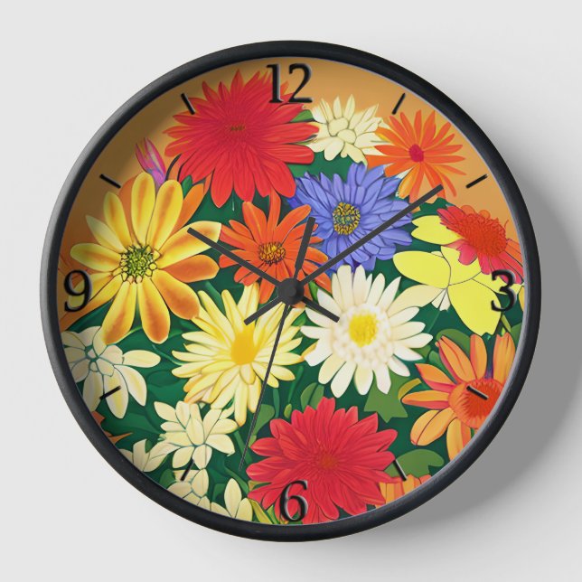 Circle of Flowers, Coloured Daisies and Asters Clock (Front)