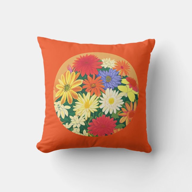 Circle of Flowers, Coloured Daisies and Asters Cushion (Front)