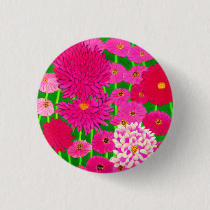 Circle of Flowers, Fuchsia Pink Chrysanthemums  3 Cm Round Badge