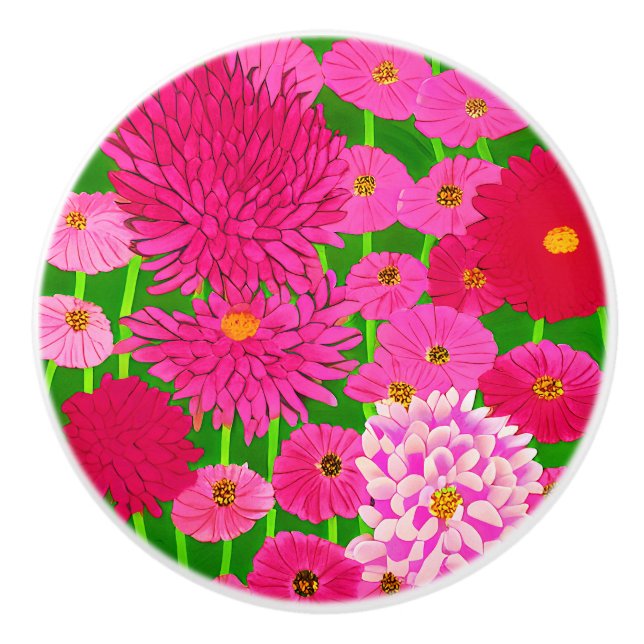 Circle of Flowers, Fuchsia Pink Chrysanthemums Ceramic Knob (Front)