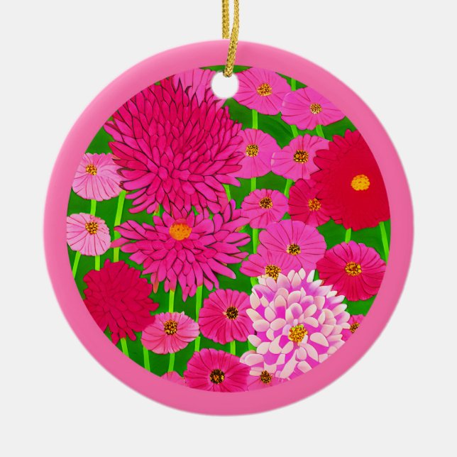 Circle of Flowers, Fuchsia Pink Chrysanthemums Ceramic Tree Decoration (Front)