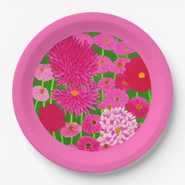 Circle of Flowers, Fuchsia Pink Chrysanthemums  Paper Plate (Front)