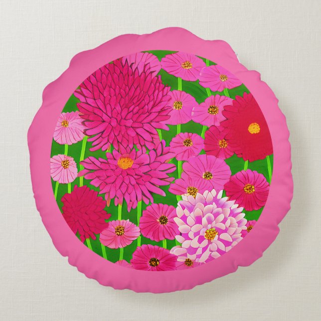 Circle of Flowers, Fuchsia Pink Chrysanthemums  Round Cushion (Back)