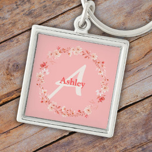 Circle of Flowers Monogram & Name Key Ring