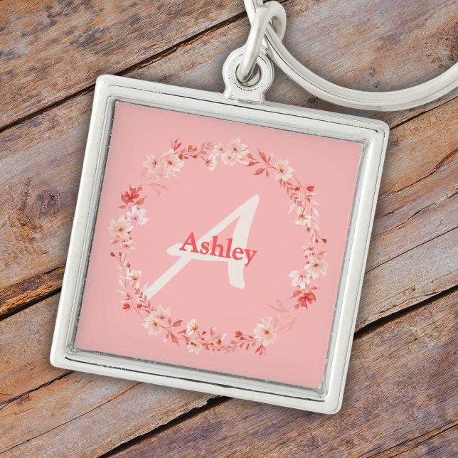 Circle of Flowers Monogram & Name Key Ring (Creator Uploaded)