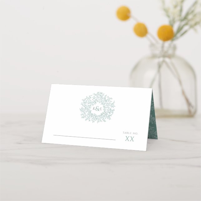 Circle of green leaves drawing monogram wedding place card (Front)