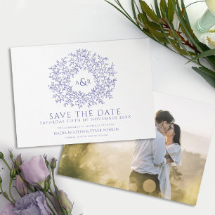 Circle of leaves blue purple white photo wedding save the date
