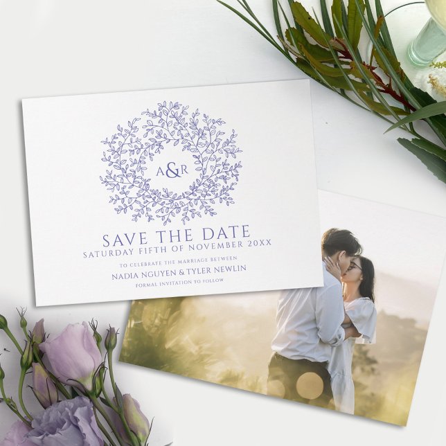 Circle of leaves blue purple white photo wedding save the date (Creator Uploaded)