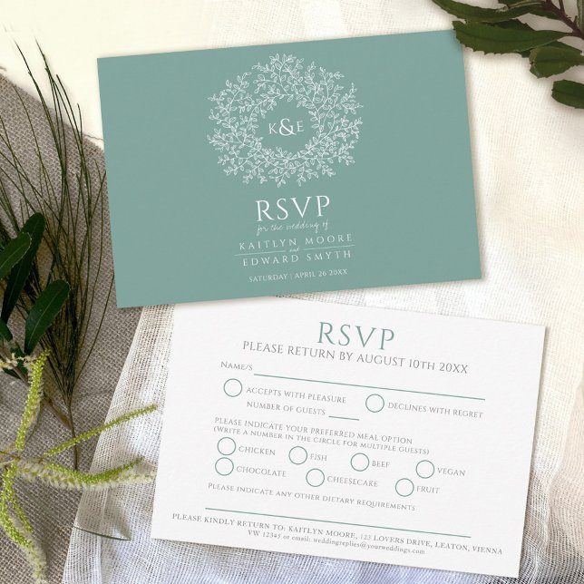 Circle of leaves green white meal option wedding RSVP card (Creator Uploaded)