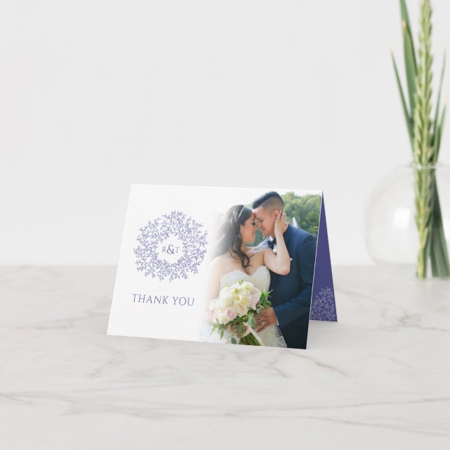 Circle of leaves monogram blue wedding photos thank you card (Front)