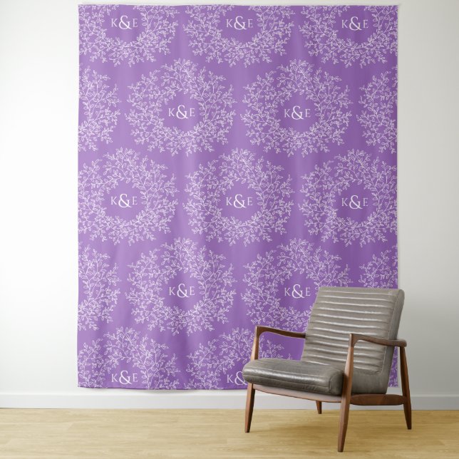 Circle of leaves monogram purple wedding backdrop tapestry (In Situ)