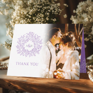 Circle of leaves monogram purple wedding photos thank you card
