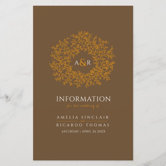 Circle of leaves orange brown wedding guest info (Front)