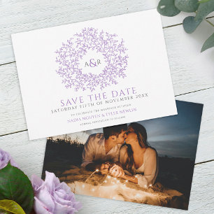 Circle of leaves purple grey white photo wedding save the date