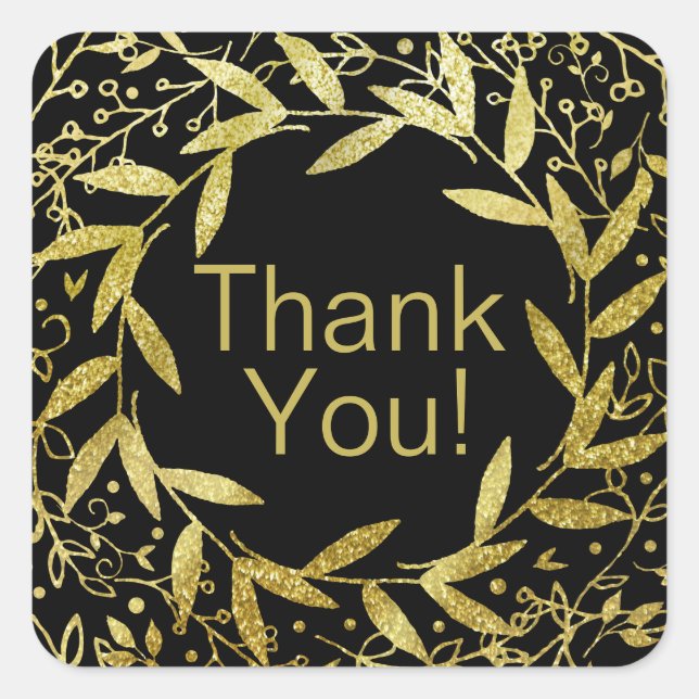Circle of Leaves Wreath Gold Glitter | black Square Sticker (Front)