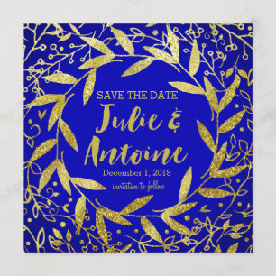 Circle of Leaves Wreath Gold Glitter cobalt Save The Date