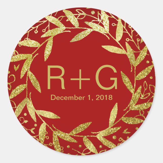 Circle of Leaves Wreath Gold Glitter | red Classic Round Sticker (Front)