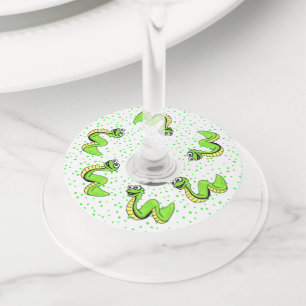 Circle of Neon Green Smiling Snakes on Polka Dots Wine Glass Tag