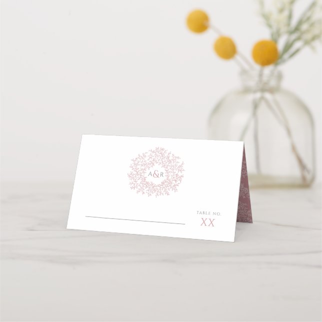 Circle of pink leaves drawing monogram wedding place card (Front)