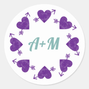 circle of purple hearts of love with initials, wed classic round sticker